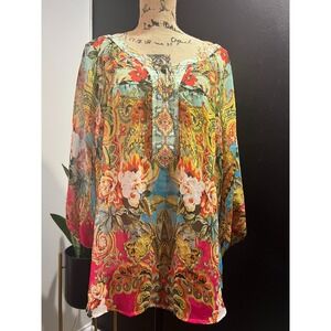Fig & Flower XL Floral‎ Paisley Sheer Tunic Top Bohemian Colorful Long Sleeve